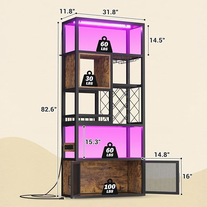 82.6" Tall Bar Cabinet with Power Outlets, 6-Tiers Reversible Wine Cabinet with LED Lights, Glass Holder & Wine Rack, Liquor Storage Cabinet Coffee Bar Station for Dining Living Room, Rustic Brown