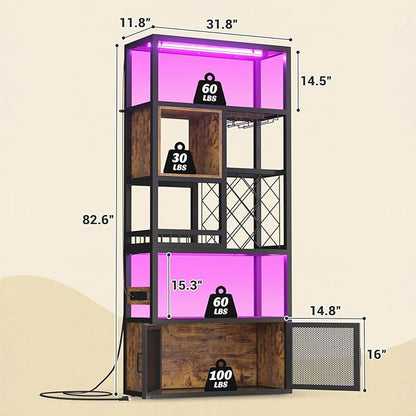 82.6" Tall Bar Cabinet with Power Outlets, 6-Tiers Reversible Wine Cabinet with LED Lights, Glass Holder & Wine Rack, Liquor Storage Cabinet Coffee Bar Station for Dining Living Room, Rustic Brown