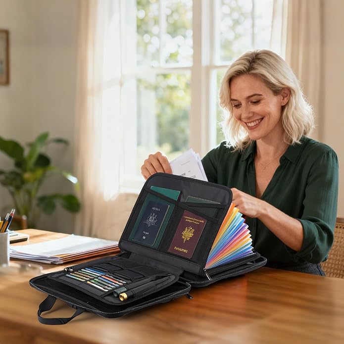 Fireproof Document Box with Combination Lock, Hard-Shell Fireproof File Organizer for Legal Documents, Laptop, Valuables & Important Papers, 13-Pocket Accordion File Folder