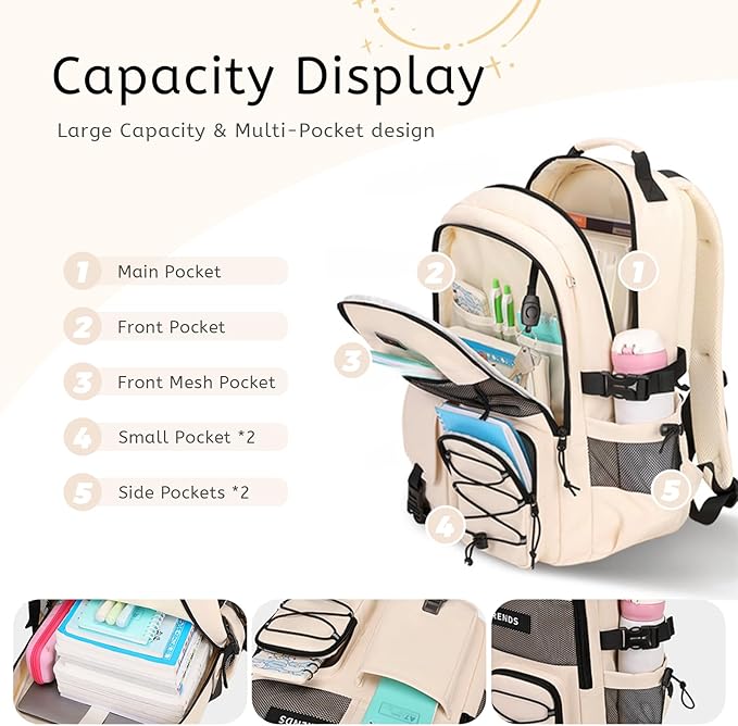 Lohol Multi-Pocket Backpack with 15.6 inch Laptop Compartment, Water Resistant Bookbag for School College and Travel (Black)