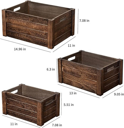 Large Vintage Brown Wooden Crates For Storage,Nesting Handmade Solid Wood Vintage Black Wood Storage Boxes.Storage Crates For Organizing.