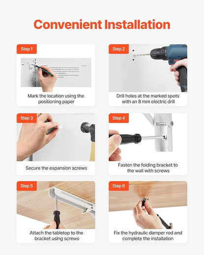 VEVOR Wall Mounted Folding Table, 47.2 x 19.7 inches Wall Mount Table, Floating Desk with Iron Bracket, Fold Down Desk for Small Spaces, Home Office, Dining, Laundry Room, Kitchen, Bar, Burlywood