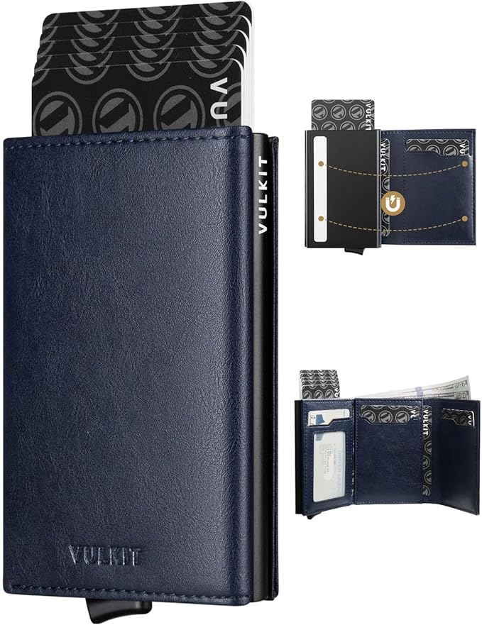 VULKIT Pop up Card Wallet Minimalist Cash Wallets RFID Blocking Leather Smart Credit Card Holder with ID window for Men(Navy)