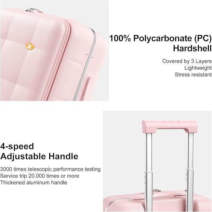 MGB 20 Inch Top Open Carry On Luggage 22x14x9 Airline Approved, 100% PC Hard Shell Carry On Suitcase with Spinner Wheels, Front Opening Travel Luggage for Women Men Gifts. Pink