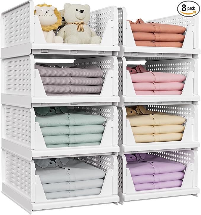 SNSLXH 8 Pack Stackable Closet Storage Bins, Multifunctional & Foldable Closet Organizers and Storage for Bathroom Kitchen Laundry Room Drawer Shelf Storage, Space-Saving Wardrobe Organizer, White