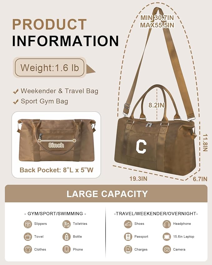Birthday Graduation Gifts for Daughter,Initial Travel Duffel Bag Sports Gym Bag for Girls Teen Kids Birthday Gifts,Personalized Weekender Bag Carry On Tote Bags Cute Overnight Bag for Women(Brown, C)