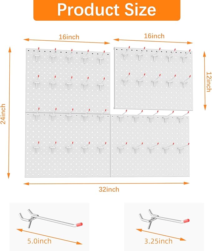 TORACK Metal Pegboard Panels and Hooks for Garage, Workbench, Shop, Shed Tool Organizer Peg Board with 1/8" & 1/4" Holes, Modular Wall-Mounted Pegboard with Pegboard Hooks(Light-Grey)