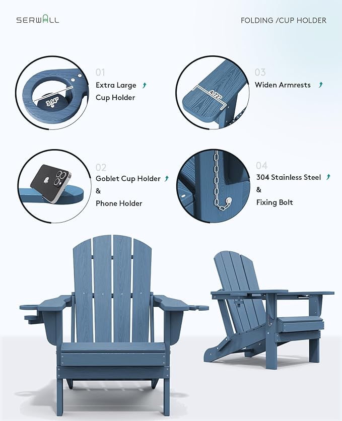 SERWALL Folding Adirondack Chair, HDPE Adirondack Chairs Set of 2, Plastic Outdoor Chairs- Looks Exactly Like Real Wood- Navy
