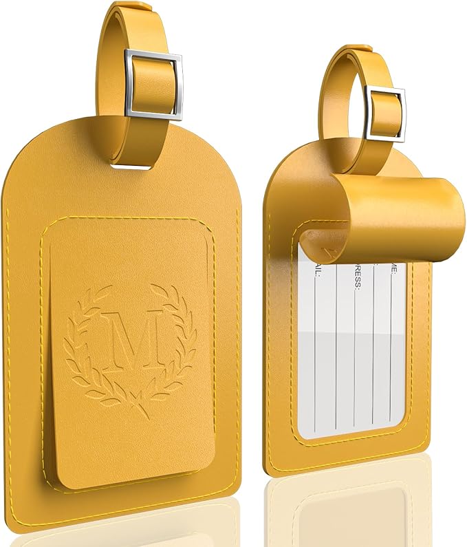 FESAS 3 Pack A-Z Alphabet Luggage Tags - Faux Leather Suitcase Tags with Privacy Cover & Replaceable Card - Initial Letter Monogram for Bags (Yellow)