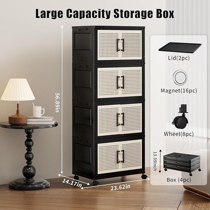 Stackable Storage Bins with Lids,Collapsible Plastic Storage Box Closet Organizers and Storage with Wheels and Magnetic Door for Home Office Dorm (4 Pack)