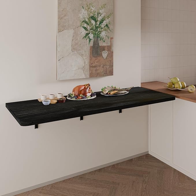 IAE Floating Wall Mounted Folding Table Desk with Pine Wood,55" x 22" Foldable Workbench,Fold Down Wall Mounted Foldable Desk with Shelf Brackets,Laundry Folding Table for Home,Dining,Kitchen,Black