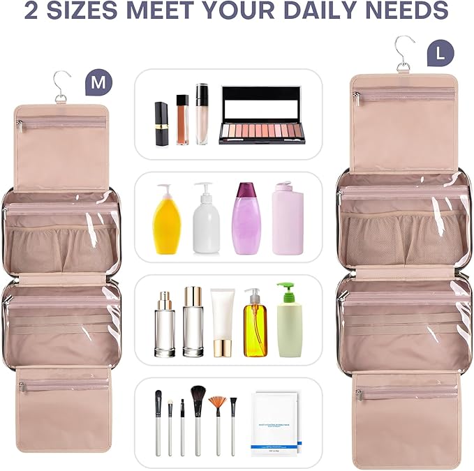 Hanging Toiletry Bag for Women Travel, 2 Sizes Large & Small Waterproof Cosmetic Organizer with 4 Compartments, Rotating Hook, Foldable Pink Travel Bag for Toiletries & Makeup - Medium Grey