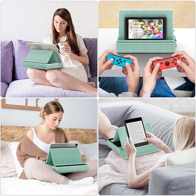 KDD Tablet Pillow Stand, Multi-Angle Viewing Ipad Holder for Lap, Bed and Desk, Foldable Soft Pad Dock with Stylus Mount Compatible with Ipad Pro 12.9, 10.5, 11, Air, Mini, Phones, Books, E-Reader