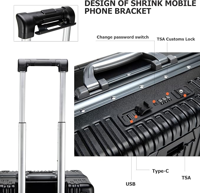 feilario 24in Aluminium Frame PC Hard Shell Spinner Wheels Luggage, Built-In TSA lock Carry on Suitcase, with Cup Holder, USB Port, Phone Holder