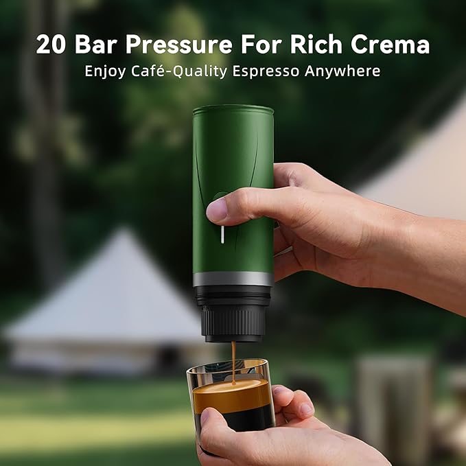 Portable Espresso Maker,Self-Heating Electric Mini Coffee Machine,20 Bar Pressure Compatible with NS Pods & Fine Grind for Travel, Camping, Hiking(Green)