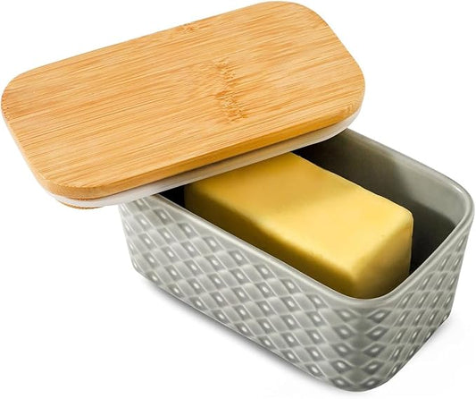 Hasense Ceramic Butter Dish with Wooden Lid, Large Butter Container for Countertop Airtight Butter Stick Covered Keeper,Grey Embossed Pattern,Easy Clean Dishwasher Safe
