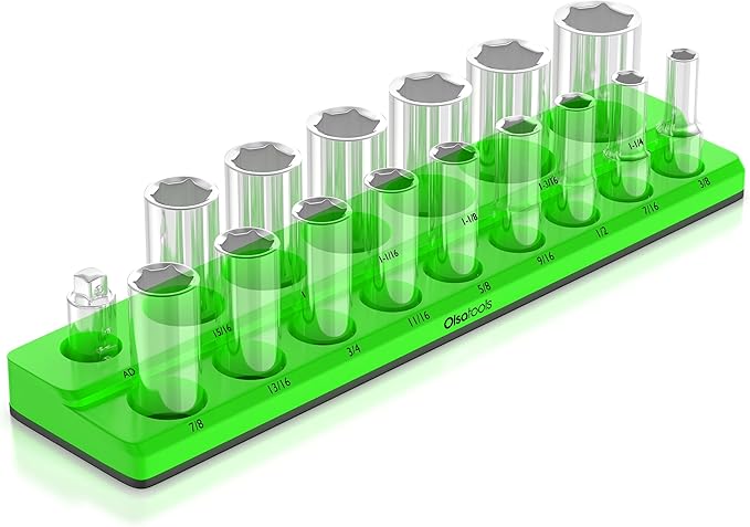 Olsa Tools Magnetic Socket Organizer | 1/2-inch Drive | SAE | Green | Holds 16 Sockets | Professional Quality Tools Organizer