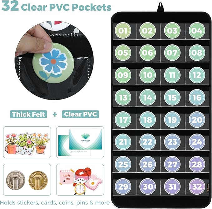 PACMAXI Hanging Badge Button Pin Organizer Display Storage Stand, Enamel Mini Button Pins Display Holder, Hold Up To 32 Pins. (Black-32 Pockets)
