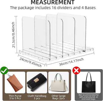 Bag & Purse Organizer for Closet Shelf Stackable Acrylic Shelf Dividers for Closet Organization, Clear Handbag Purse Storage Organizer Divider, Keep Clutch, Wallet, Pocketbook Upright, 4 Pack