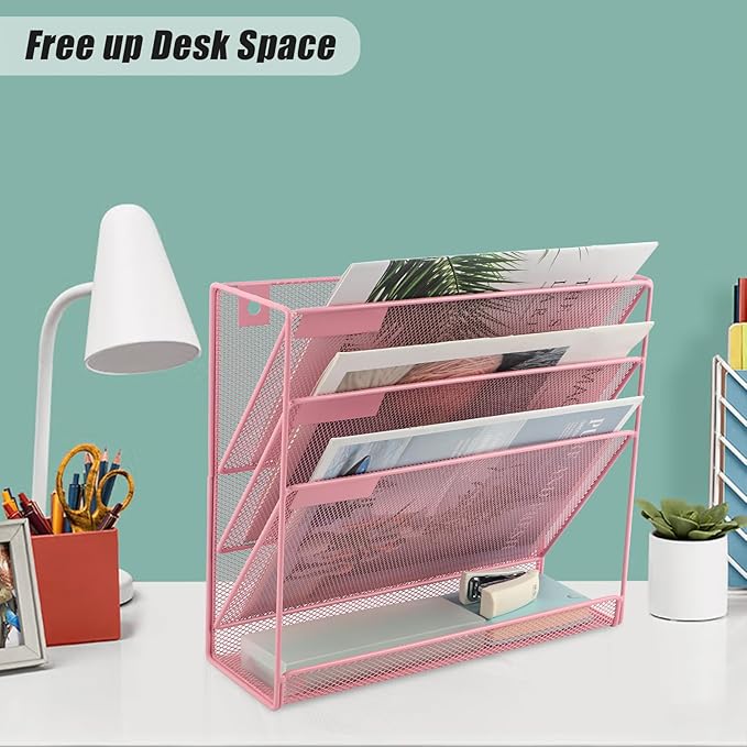 EASEPRES Desk File Organizer Mesh 4-Tier, Hanging Wall Mount Document Organization Stand, Desktop Vertical Mail Paper Folder Holder Rack with Bottom Tray for Office Home Cubicle Countertop, Pink