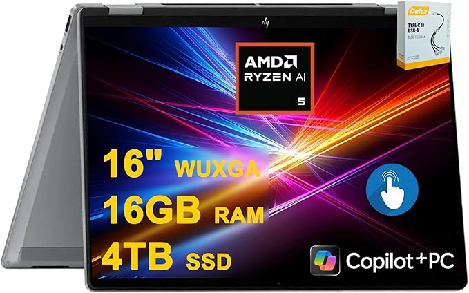 HP OmniBook X Flip Copilot+ AI PC 2-in-1 Laptop | 16" WUXGA Touch (400nits) | AMD 6-core Ryzen AI 5 340 (Up to 50 Tops) | 16GB DDR5 4TB SSD | Backlit 5MP IR Privacy Camera Win11Pro w/DLCA Accessory