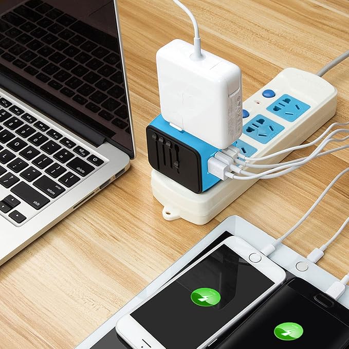 Universal International Travel Power Adapter W/Smart High Speed 2.4A 4xUSB Wall Charger, European Travel Plug Adapter, Worldwide AC Outlet for Europe, UK, US, AU, Asia-Blue