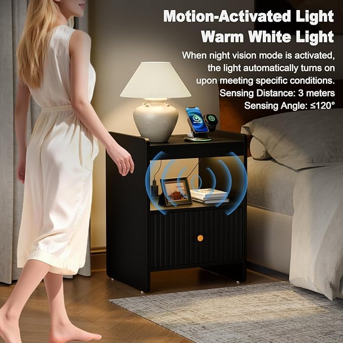 HIFYOBRO 21.6" Tall Fluted Nightstand, End Table with Charging Station and LED Light, Modern End Side Table with Drawer (Black)