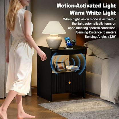 HIFYOBRO 21.6" Tall Fluted Nightstand, End Table with Charging Station and LED Light, Modern End Side Table with Drawer (Black)