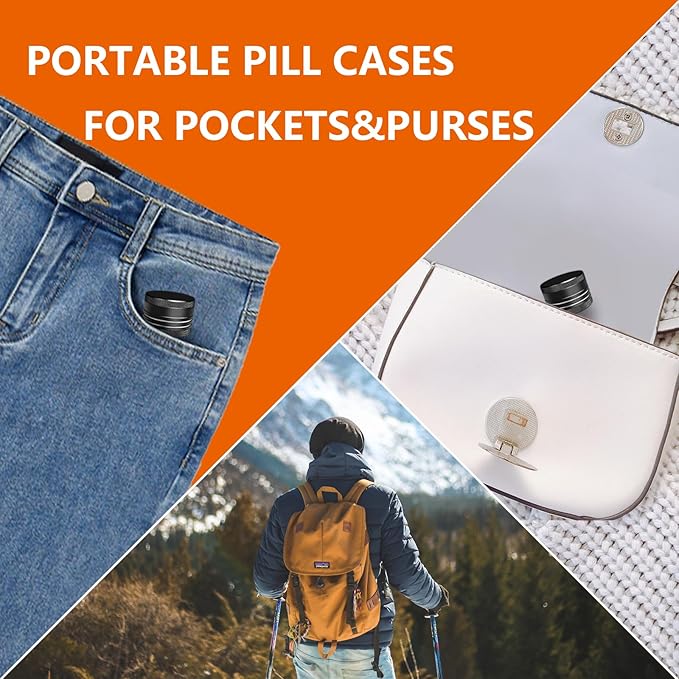 Small Pill Box, Portable Daily Box, Aluminium Alloy Round Container for Pills, Pocket Case (Black)