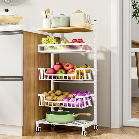HapiRm Fruit Basket Kitchen Cart - 5 Tier Adjustable Vegetable Storage Rack, Large Capacity Rolling Kitchen Carts on Wheels for Snack Onion and Potato Storage