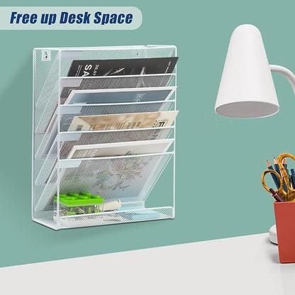 EASEPRES Desk File Organizer Mesh 6-Tier, Hanging Wall Mount Document Organization Stand, Desktop Vertical Mail Paper Folder Holder Rack with Bottom Tray for Office Home Cubicle Countertop, White