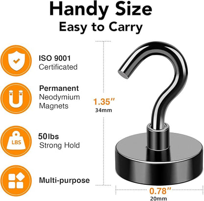 MIKEDE Magnetic Hooks, 50Lbs Strong Neodymium Black Magnet Hook for Hanging, Heavy Duty Magnetic Hooks Classroom Must Have, Magnet with Hooks for Home, Kitchen, Workplace, School - Pack of 10