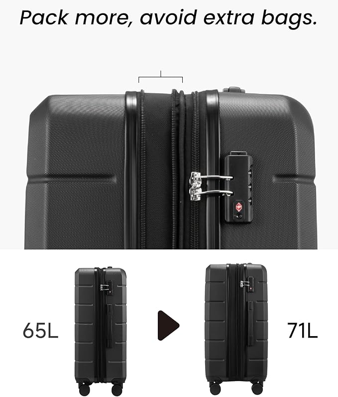 24 Inch Luggage with Spinner Wheels, Expandable Hardside Medium Checked Suitcase, Black