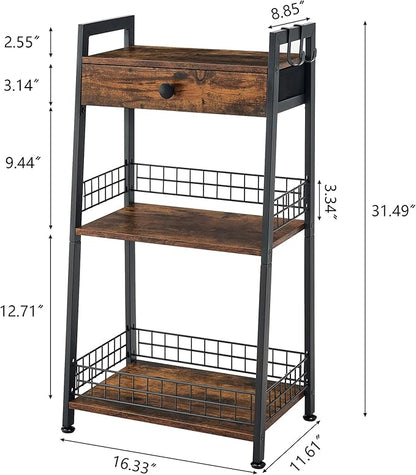 3-Tier Ladder Shelf with Drawer, Bathroom Stand Floor Storage Shelf, Freestanding Tower Shelf Ladder Table for Living Room, Bedroom -Rustic Brown