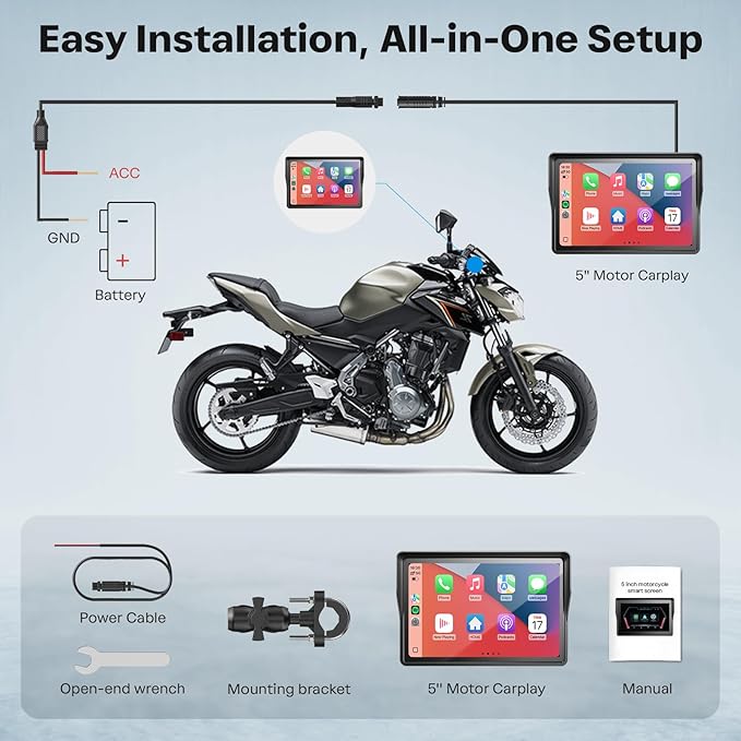 WonVon 5 Inch Motorcycle Carplay GPS Navigation System with Apple Carplay and Android Auto Portable Screen with Dual Bluetooth, Navigation, Siri, Google Assistant（Not Inchluded TPMS）