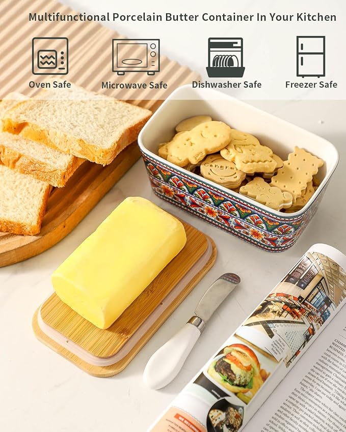 Hasense Bohemian Butter Dish, Farmhouse Ceramic Butter Dish with Lid for Fridge, Butter Container Holder with Cover or Fridge,Silicone Sealing, Holds Two Sticks of Butter, Green