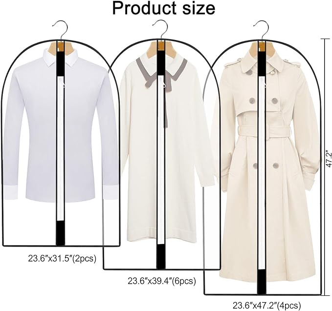 Pwsap 12 Pack Breathable Clothes Covers with Zip, Hanging Garment Covers Bags Dress Bag Covers Moth-Proof Mens Suit Storage Bag Dust Cover for Wardrobe Storage and Travel(Clear)
