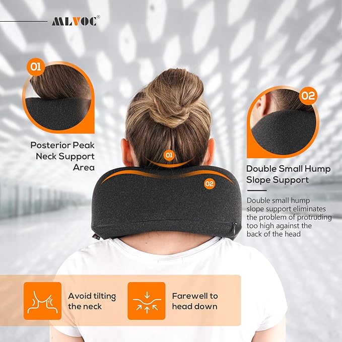 MLVOC Travel Pillow 100% Pure Memory Foam Neck Pillow, Comfortable & Breathable Cover, Machine Washable, Airplane Travel Kit with 3D Contoured Eye Masks, Earplugs, and Luxury Bag, Standard (Black)