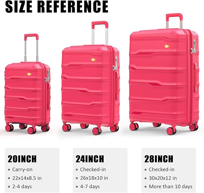 24 Inch Luggage with Spinner Wheels, Hard Shell Suitcase, Lightweight PP Luggages with TSA Lock, Checked-Medium Suitcases 24-Inch, Red