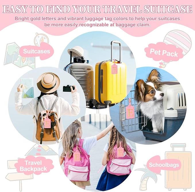 Personalized Initial Luggage Tags for Suitcase, Pink Leather Cute Luggage Tags with Privacy Cover Name Card, Embroidered Custom Monogrammed Luggage Tag Travel Bag Baggage Tags Gifts for Women Kids(E)