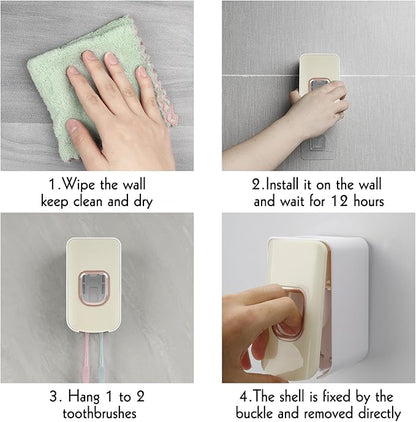 2 Slot Toothbrush Holder and Toothpaste Dispenser Wall Mounted, Automatic Toothpaste Squeezer, 2 in 1 Tooth Brush Toothpaste Organizer for Shower (Ivory Yellow)