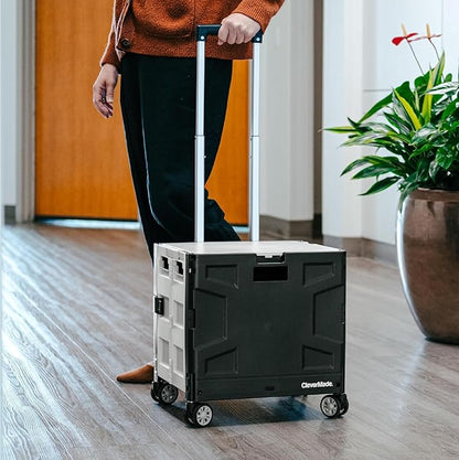 CleverMade Collapsible Wheeled Crate with Lid, 4-Wheels - Swivel and Glide Rolling Crate with Handle and Double Wheels for Easy Transport and Versatile Use - 55L and 100lb Capacity, Cool Gray