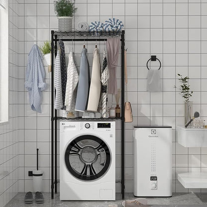 Xiofio Washer and Dryer Storage Shelf,Clothes Drying Rack,2 Tier Adjustable Height Storage Shelving with 2 Side Hook Laundry Shelves Used for Bathroom, Bedroom,Balcony,Black