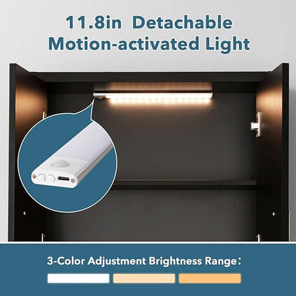 Black Wall Cabinet 23x29 inch for Bathroom Laundry Room Bedroom Kitchen Wood Medicine Cabinet, DIY Lighting, Soft-Close Hinge, 2 Door,Above Toilet Storage