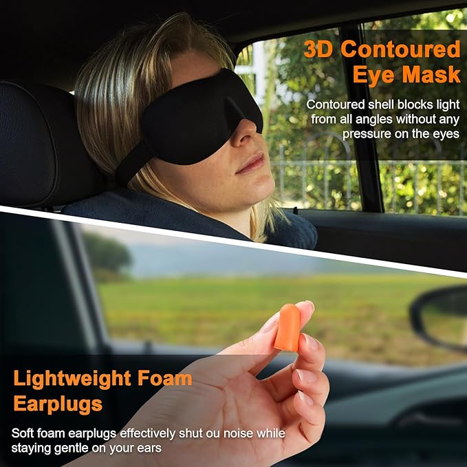Travel Pillow - Hooded Neck Pillow Airplane Memory Foam Filling for Plane, Office, Cars Sleeping, Road Trip, Long Flights, Portable Plane Accessories, Includes Eye Mask & Earplugs (Red)