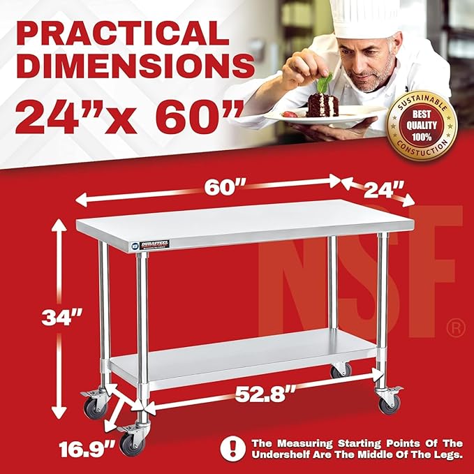 DuraSteel 24x60 NSF Stainless Steel Cart Work Table - Heavy Duty Rolling Food Prep Table Countertop Island - Metal Utility Cart on Wheels Caster, Grill Stand Storage Outdoor Kitchen Tables Bar Top