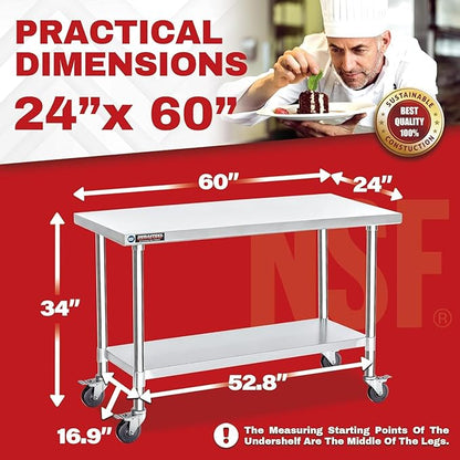 DuraSteel 24x60 NSF Stainless Steel Cart Work Table - Heavy Duty Rolling Food Prep Table Countertop Island - Metal Utility Cart on Wheels Caster, Grill Stand Storage Outdoor Kitchen Tables Bar Top