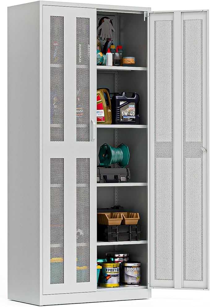 VINGLI Metal Garage Storage Cabinet with 2 Mesh Doors, Locking Steel Display Cabinet with Pegboards and 4 Adjustable Shelves, Ideal for Garage, Office, Pantry, Workshop(Gray, 32''W x 16''D x 71''H)