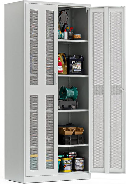 VINGLI Metal Garage Storage Cabinet with 2 Mesh Doors, Locking Steel Display Cabinet with Pegboards and 4 Adjustable Shelves, Ideal for Garage, Office, Pantry, Workshop(Gray, 32''W x 16''D x 71''H)