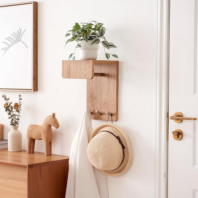 Oak Wood Coat Rack Wall Mount with 8 Inch Long Entryway Wall Shelf and 3 Hooks, Floating Shelf with Hooks for Bathroom, Hallway, Living Room